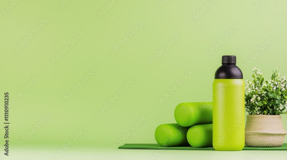 A photostock of vibrant green dumbbells, a yoga mat, and water bottle placed neatly on a light green background, styled for fitness themes. High Quality A photostock of vibrant green dumbbells, a yoga mat, and water bottle placed neatly on a light green background, styled for fitness themes. High Quality