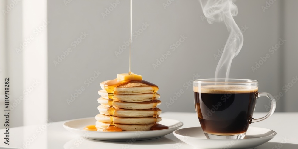 Steaming Breakfast with Pancakes and Coffee. Steaming Breakfast with Pancakes and Coffee.