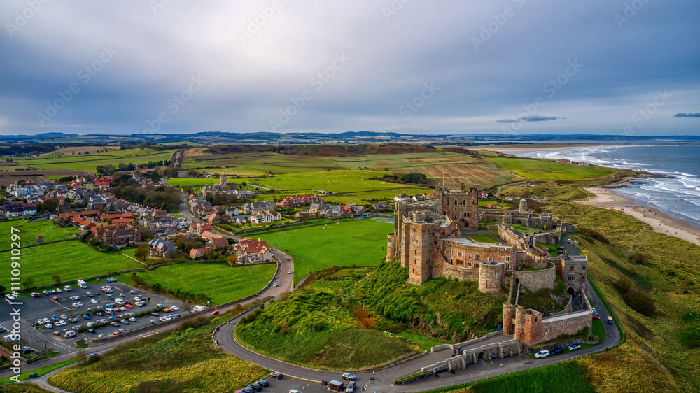 Aerial View of Bamburgh Castle during Autumn Aerial View of Bamburgh Castle during Autumn