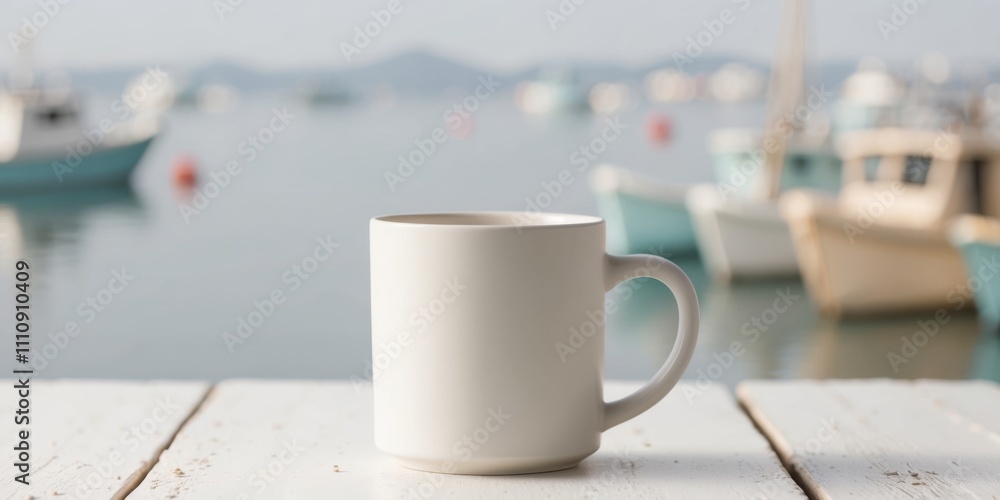 White mug on a wooden table overlooking a calm harbor with blurred boats in the background creating a peaceful and rustic ambiance. White mug on a wooden table overlooking a calm harbor with blurred boats in the background creating a peaceful and rustic ambiance.