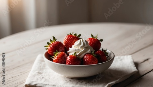 A bowl of strawberries and whipped cream on a table.