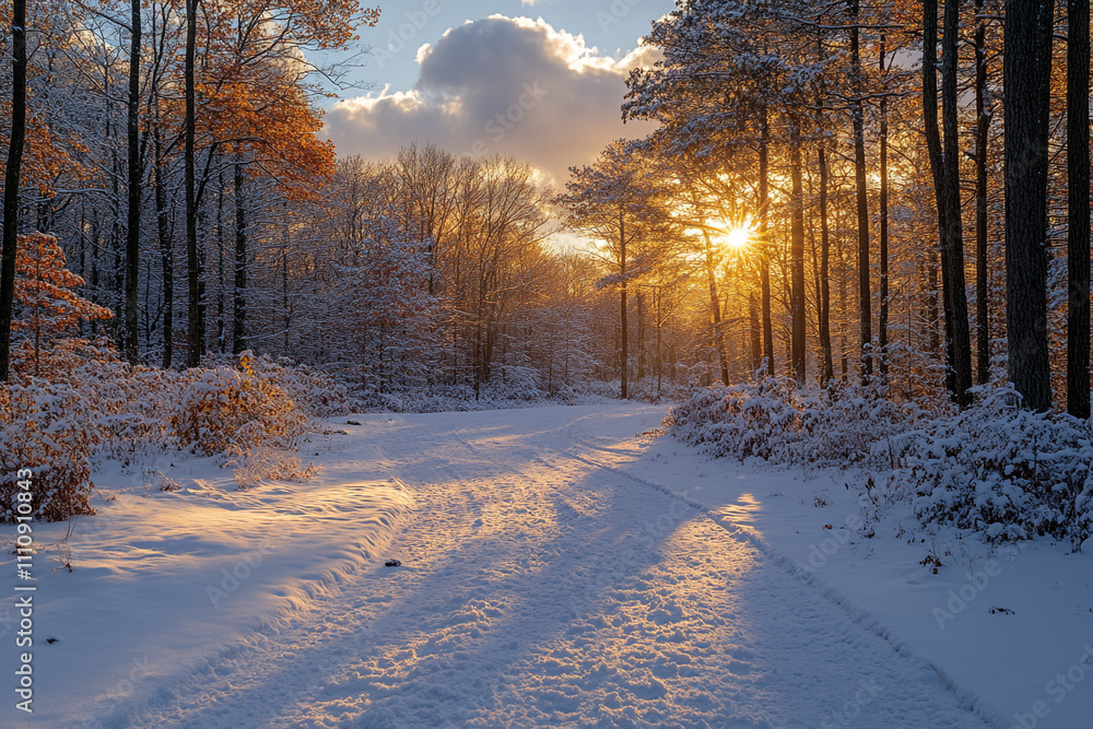 Snow Covered Forest Path Sunset Golden Hour Winter Snow Covered Forest Path Sunset Golden Hour Winter
