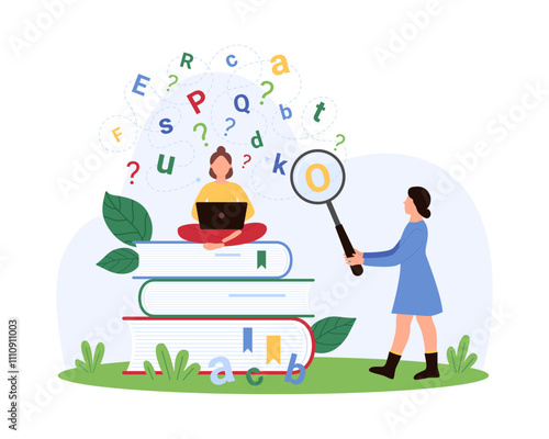 Dyslexia, learning disorder awareness and disability, symptom analysis. Tiny people struggle with difficulty, study chaos and maze scattered letters with magnifying glass cartoon vector illustration