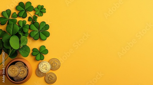 A photostock of a bright St. Patrickâ€™s Day flat lay with shamrocks, golden coins, and green festive decor on a vibrant yellow background. High Quality photo