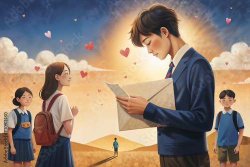 A lovestruck Japanese schoolboy holds a love letter confession in a cartoon-style image
