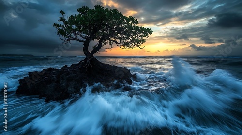 Solitary Tree Stands Strong Against Ocean Waves At Sunset photo