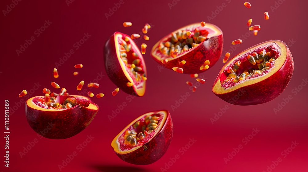 Fototapeta premium Passion fruit bursts with vibrant energy, seeds scattering vividly against a sleek red backdrop