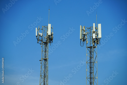 Telecommunication equipment for 5g radio network. Telecommunication tower, antenna, and satellite