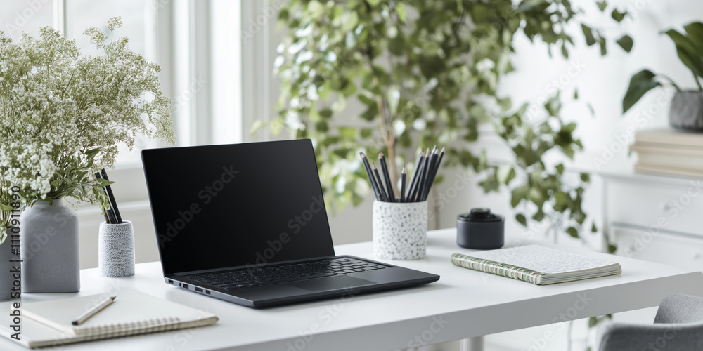 A laptop sits on a desk with a potted plant and a vase of flowers A laptop sits on a desk with a potted plant and a vase of flowers