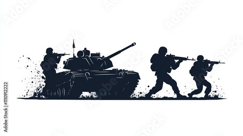 Soldiers are shown in silhouette, tactically moving forward while an armored tank supports them from the side. The scene conveys a sense of urgency in a military context