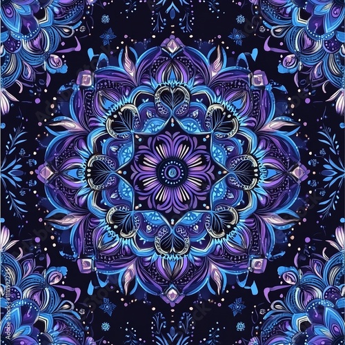 Vector Seamless Pattern with Mandala Ornament in Blue and Purple

 photo