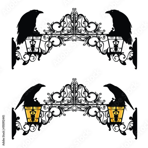 ornate fantasy entrance arch decorated with streetlight lamps and sitting black raven birds - magic passage vector design set