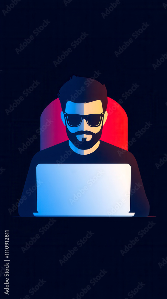 A stylized graphic of a man wearing sunglasses, seated in front of a laptop, set against a dark background with colorful highlights. A stylized graphic of a man wearing sunglasses, seated in front of a laptop, set against a dark background with colorful highlights.