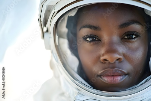 African-american black woman astronaut up close face in space suit. 