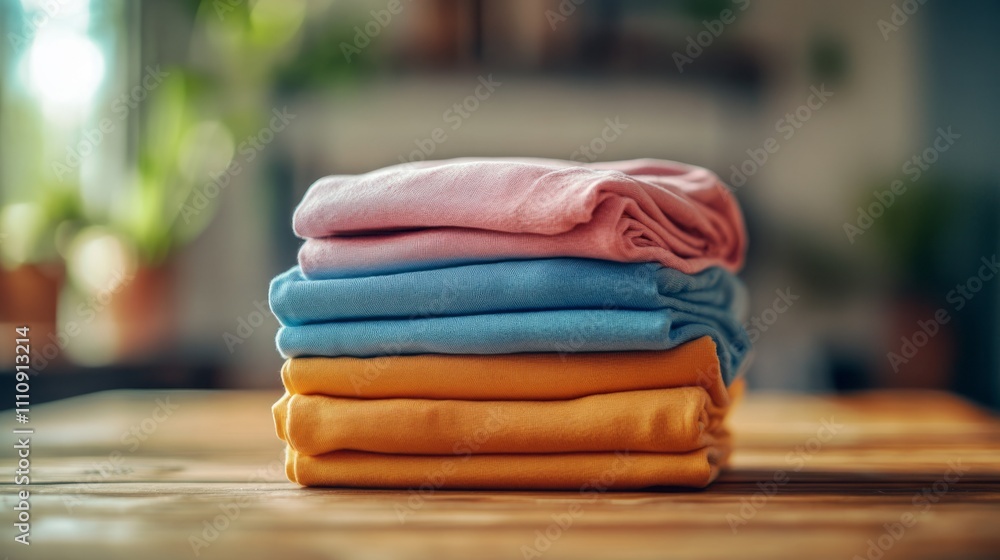 Soft pastel fabric items are stacked in a tidy arrangement on a wooden table. The sunny indoor space features light streaming through windows, creating a warm atmosphere Soft pastel fabric items are stacked in a tidy arrangement on a wooden table. The sunny indoor space features light streaming through windows, creating a warm atmosphere