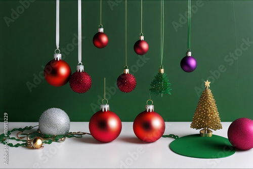 A minimalist setup featuring small Christmas trees and colorful baubles against a green backdrop, evoking holiday spirit