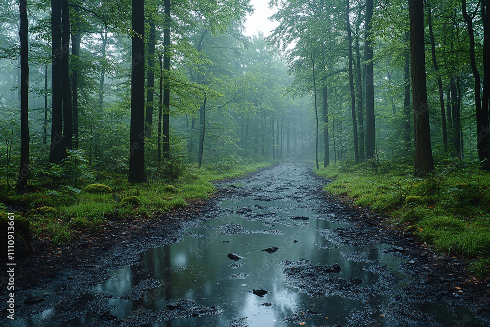 Obraz premium Misty Forest Path Reflecting Water Puddle