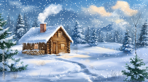 A peaceful winter scene with a cozy cabin and smoke rising from the chimney, ñute vector illustration, greeting card, website banner