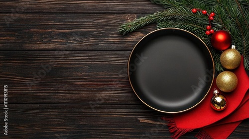 A photostock of a festive Christmas dinner plate setup with greenery, golden ornaments, and a red napkin on a wooden table. High Quality photo