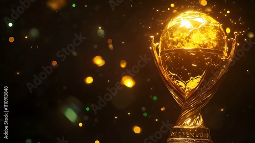 Golden trophy overflowing with liquid, sparkling background.