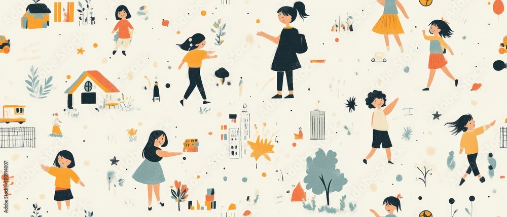 A whimsical illustration featuring children engaging in various activities amidst nature. A whimsical illustration featuring children engaging in various activities amidst nature.