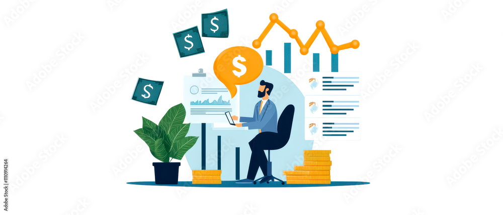 A businessman analyzes financial data with graphs and money symbols while sitting at a desk, surrounded by plants. A businessman analyzes financial data with graphs and money symbols while sitting at a desk, surrounded by plants.