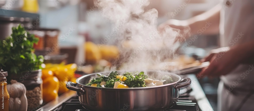Chef cooking vegetables in a pot with steam rising. Chef cooking vegetables in a pot with steam rising.