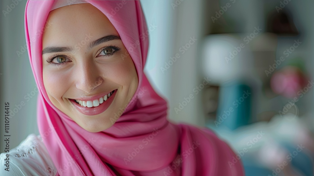 Close-up portrait of a smiling young woman wearing a pink hijab. Close-up portrait of a smiling young woman wearing a pink hijab.