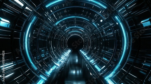 A dark, futuristic interface with glowing blue and silver rings, surrounded by curved reflective lines creating a tunnel effect. 