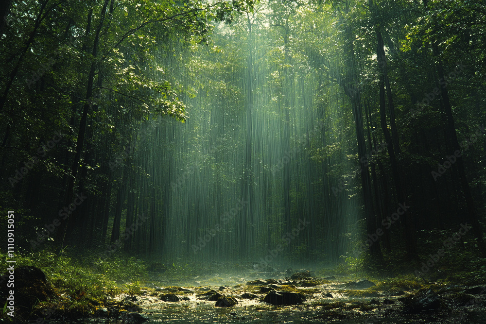 Rain falls through lush green forest canopy over stream