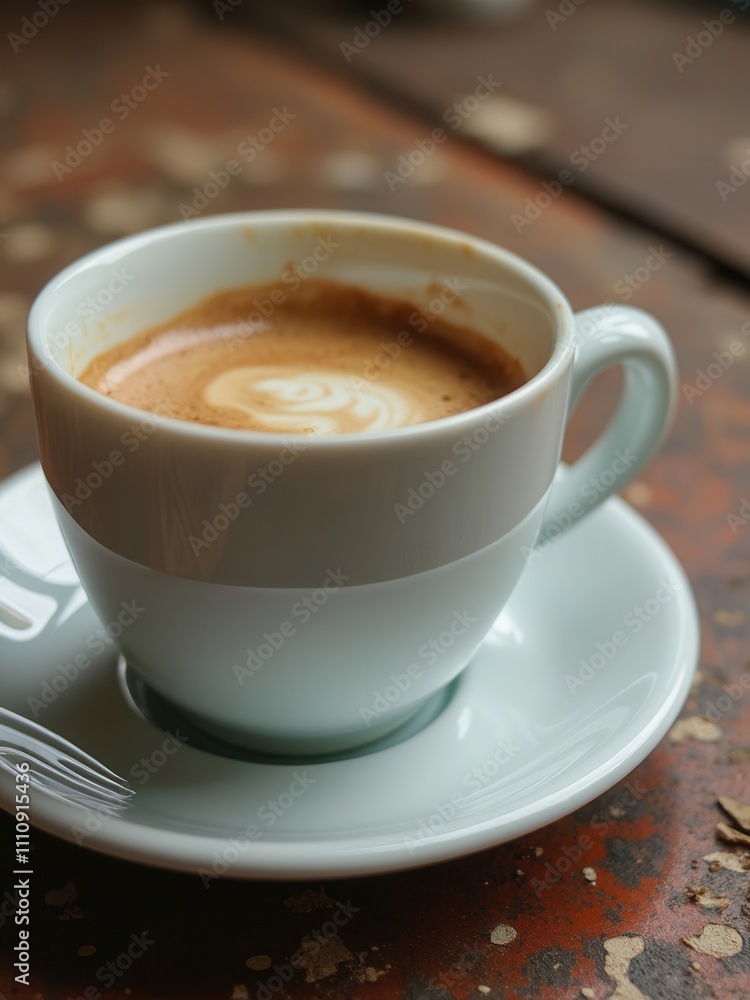 A small white cup filled with rich espresso showcases beautiful latte art on top. The cup sits on a flat white saucer atop a worn wooden table, highlighting the texture and warmth of the setting. A small white cup filled with rich espresso showcases beautiful latte art on top. The cup sits on a flat white saucer atop a worn wooden table, highlighting the texture and warmth of the setting.