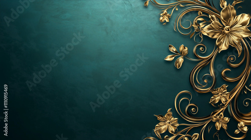 Ornate gold floral design on emerald background photo