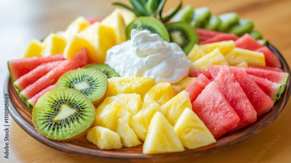 Photo of, A colorful fruit platter showcasing slices of watermelon, pineapple Photo of, A colorful fruit platter showcasing slices of watermelon, pineapple