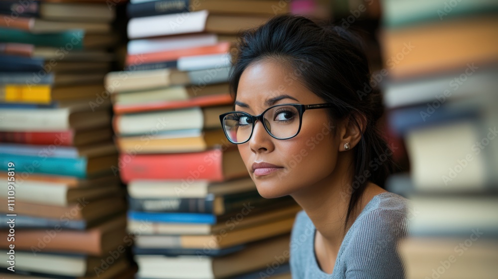 Contemplative Woman Among Bookshelves Contemplative Woman Among Bookshelves