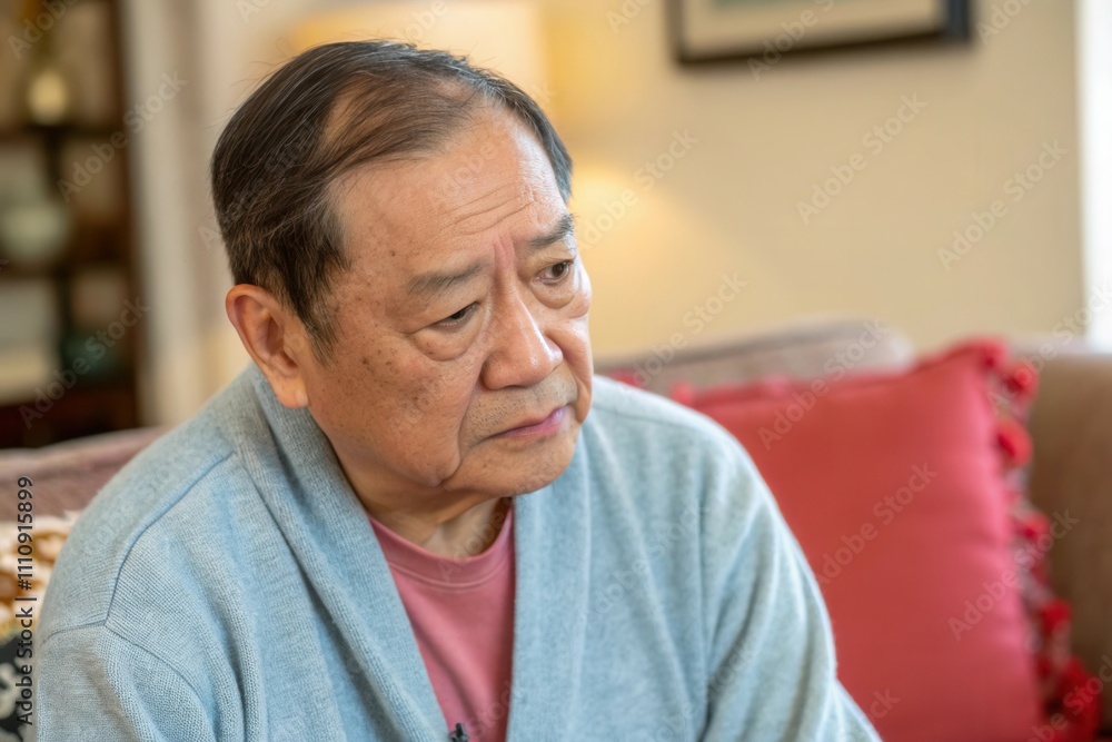 Obraz premium An elderly man sits on a cozy couch, deep in thought. He wears a soft cardigan over a shirt and appears contemplative, surrounded by warm ambient light and comforting decor in his living room.