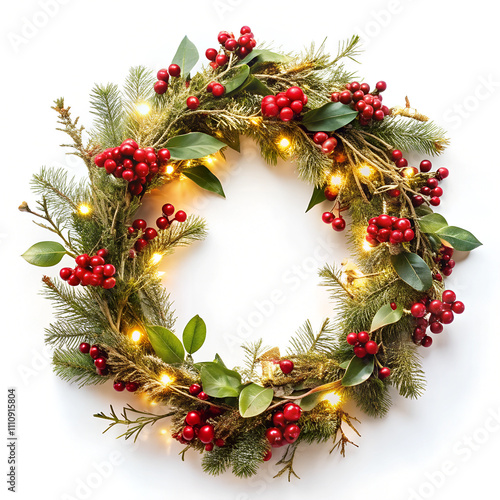 Festive Christmas wreath. Round frame made of conifer branches decorated with cones, photo