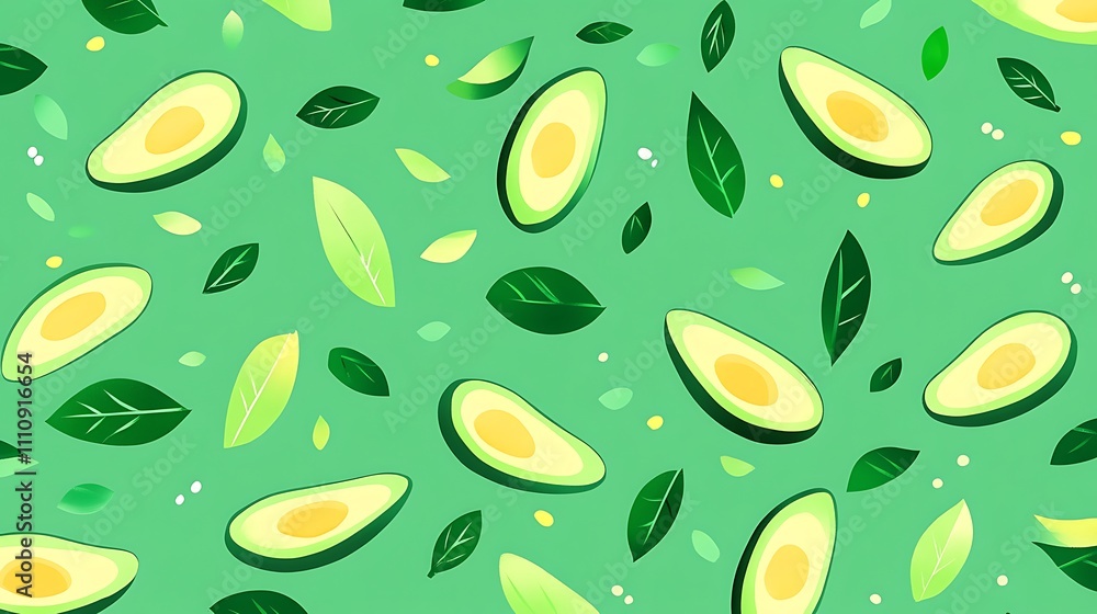 Seamless pattern of avocado halves and leaves on a green background. Seamless pattern of avocado halves and leaves on a green background.