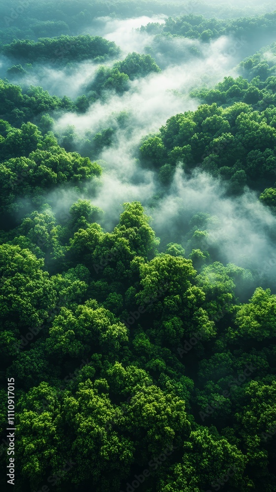 Aerial view of dense green forest covered in morning fog, creating a serene and mysterious natural landscape. Aerial view of dense green forest covered in morning fog, creating a serene and mysterious natural landscape.