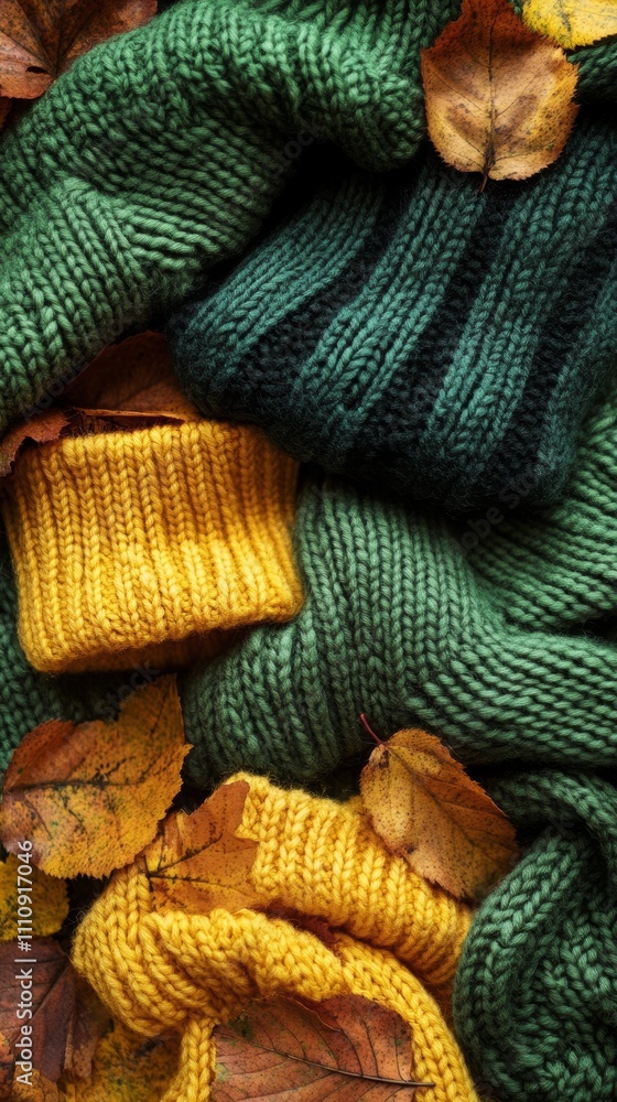 Warm green and yellow knit sweaters surrounded by fallen autumn leaves, capturing the essence of cozy fall fashion. Warm green and yellow knit sweaters surrounded by fallen autumn leaves, capturing the essence of cozy fall fashion.