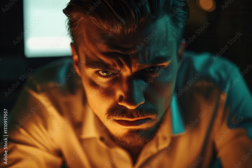 Young man with sharp features displays a serious expression under warm light in a dimly lit indoor environment. The contrast highlights his determination and intensity, suggesting deep concentration. Young man with sharp features displays a serious expression under warm light in a dimly lit indoor environment. The contrast highlights his determination and intensity, suggesting deep concentration.