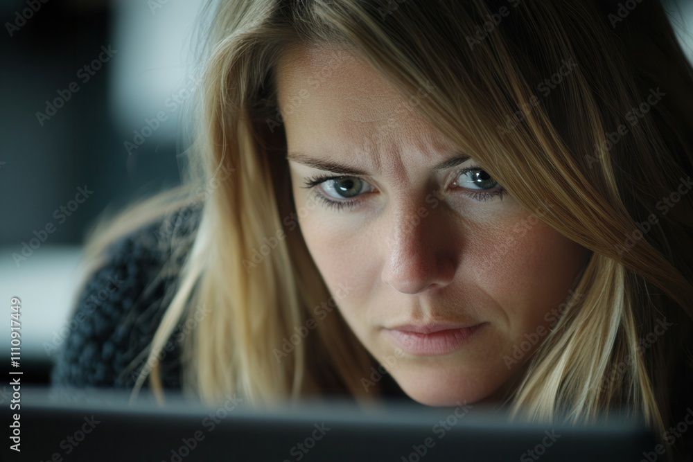 A woman with long blonde hair concentrates intently on her laptop screen while seated indoors. The setting appears modern and softly lit, reflecting a serious and productive atmosphere. A woman with long blonde hair concentrates intently on her laptop screen while seated indoors. The setting appears modern and softly lit, reflecting a serious and productive atmosphere.