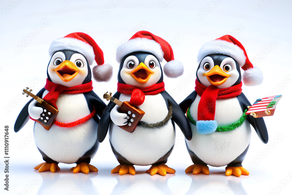 Three penguins are playing instruments and singing Christmas songs