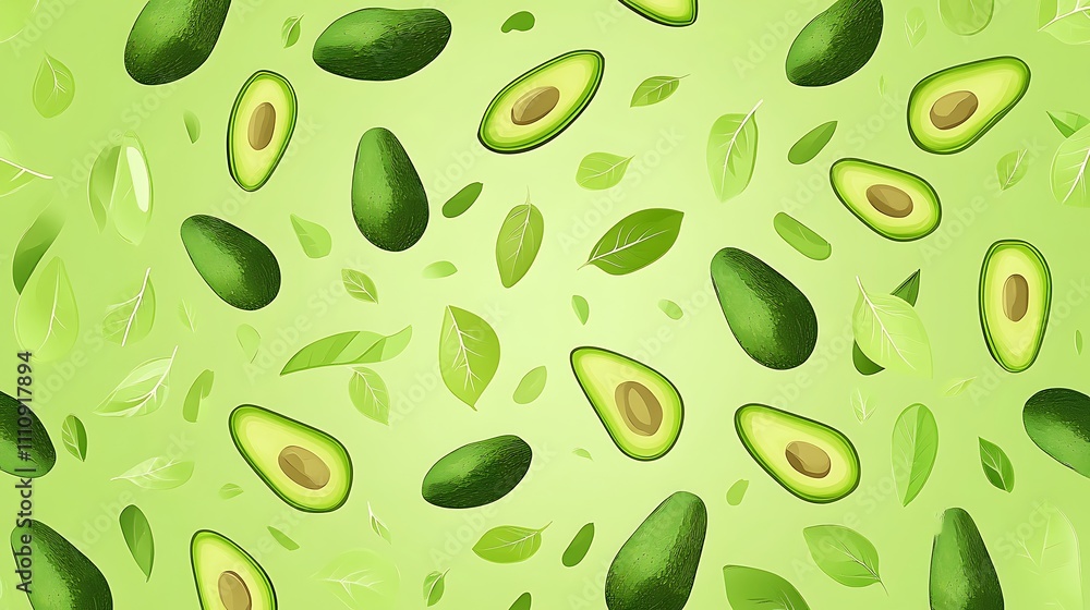 Vibrant pattern of whole and halved avocados with green leaves on a light green background. Vibrant pattern of whole and halved avocados with green leaves on a light green background.