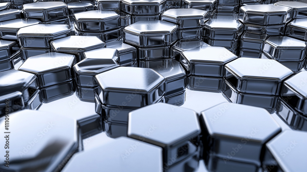 Naklejka premium On a mirrored surface, a three-dimensional geometric pattern of interconnecting hexagons forms a maze-like structure.