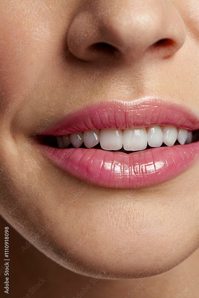 Obraz premium his image shows a close-up view of a womans mouth smiling with her teeth showing 