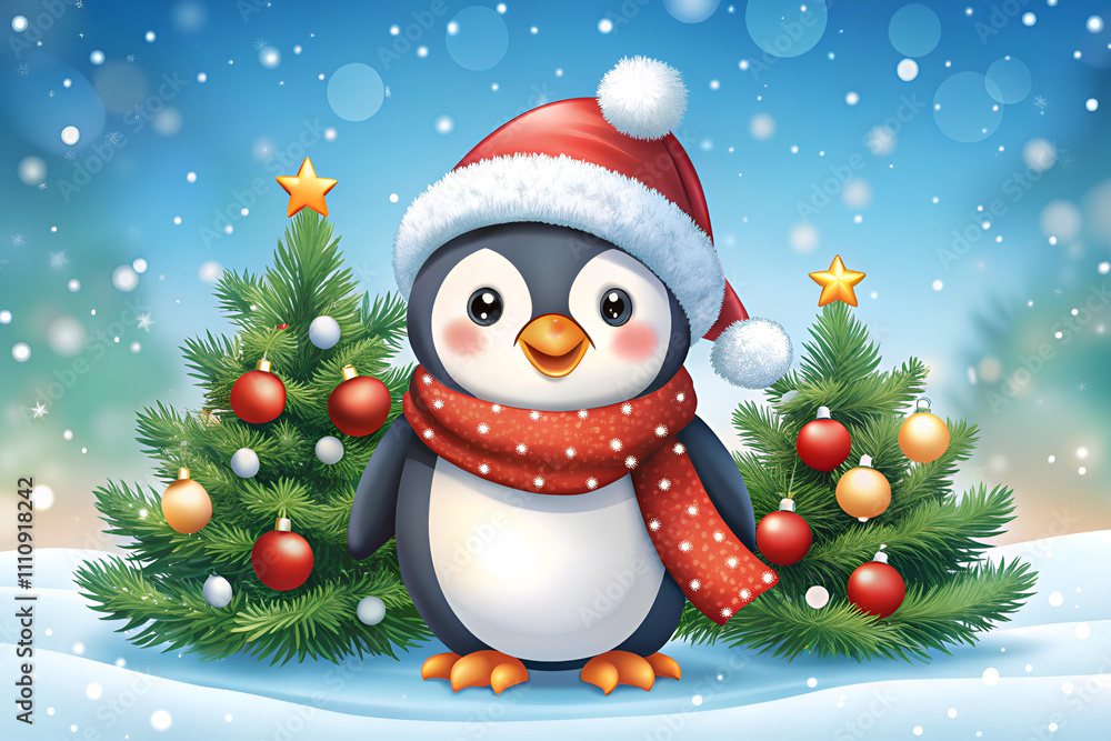 A penguin wearing a red scarf stands in front of two Christmas trees A penguin wearing a red scarf stands in front of two Christmas trees