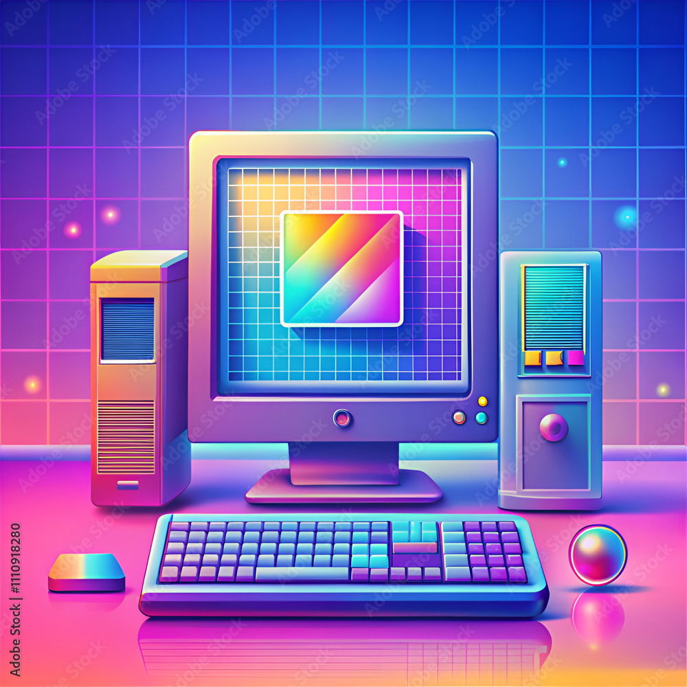 A computer monitor and keyboard are displayed on a colorful background A computer monitor and keyboard are displayed on a colorful background