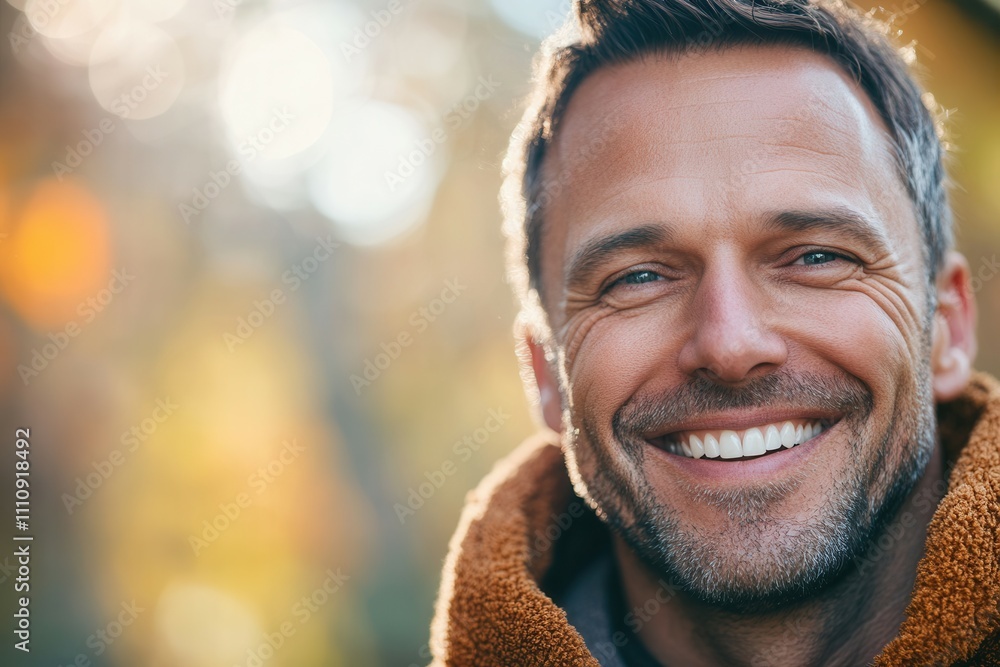 A cheerful man with a bright smile stands in a colorful forest during autumn. Sunlight filters through the trees, creating a warm atmosphere that highlights his happiness and the beauty of the season. A cheerful man with a bright smile stands in a colorful forest during autumn. Sunlight filters through the trees, creating a warm atmosphere that highlights his happiness and the beauty of the season.