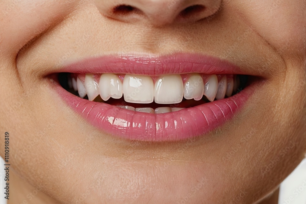 Naklejka premium his image shows a close-up view of a womans mouth smiling with her teeth showing 