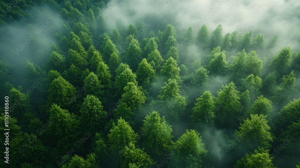 Aerial view of dense green trees enveloped in mist, creating a serene and tranquil forest atmosphere. Aerial view of dense green trees enveloped in mist, creating a serene and tranquil forest atmosphere.